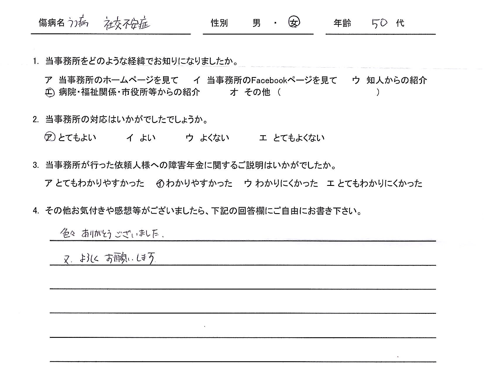 50代女性（うつ病・社交不安症）