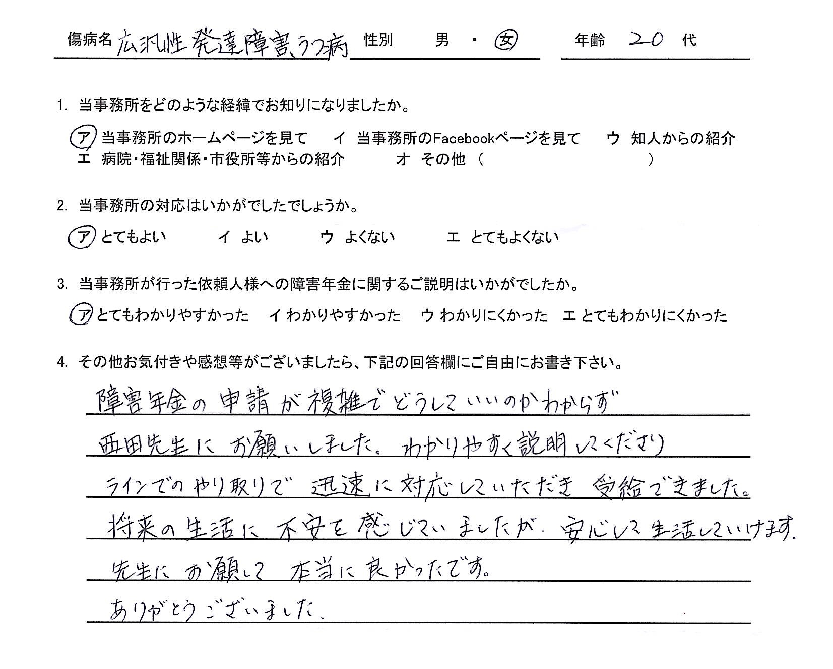 20代女性（広汎性発達障害・うつ病）